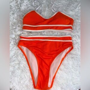 orange & white  ribbed high-waisted bikini